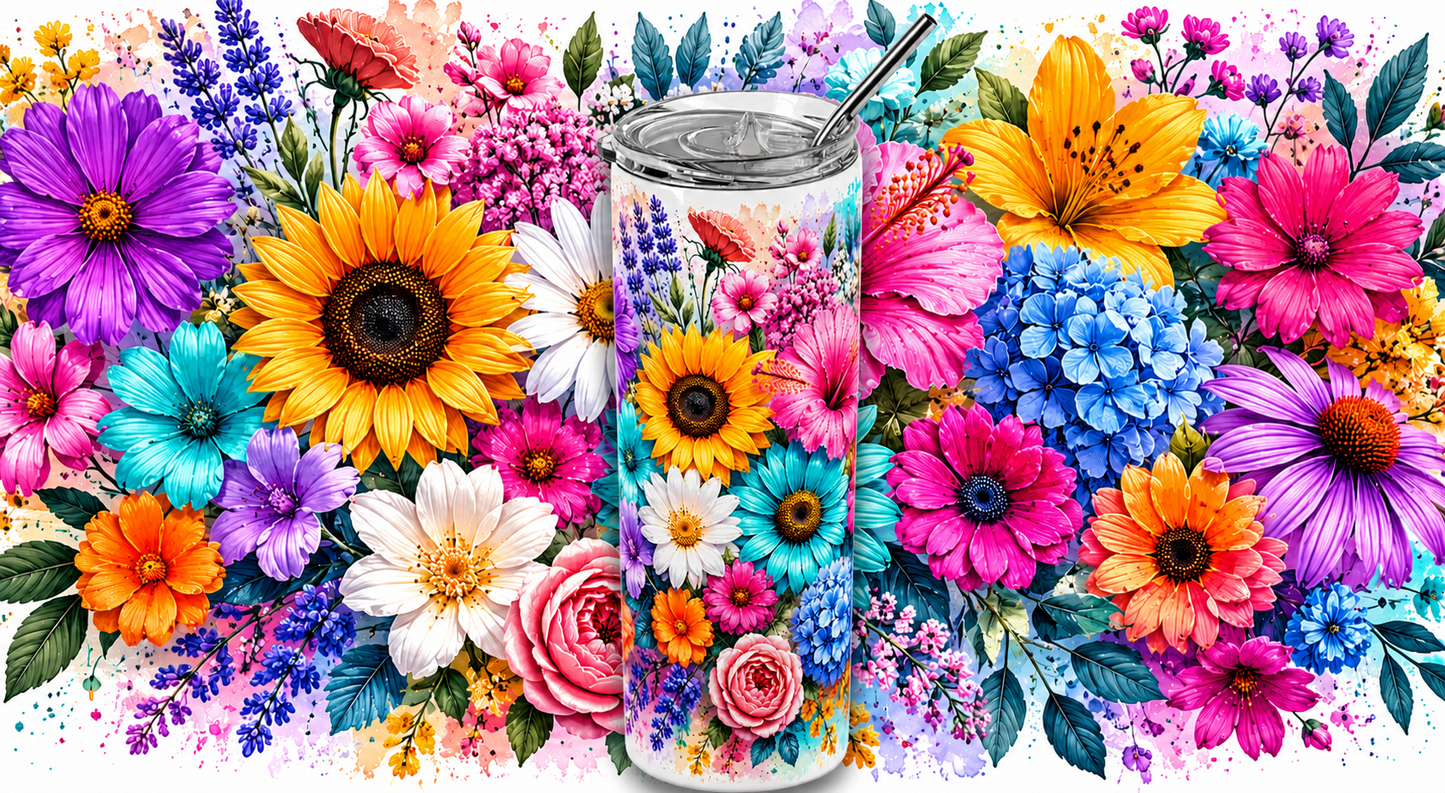 Blossom Burst: Vibrant Botanical Watercolor 20oz Skinny Tumbler