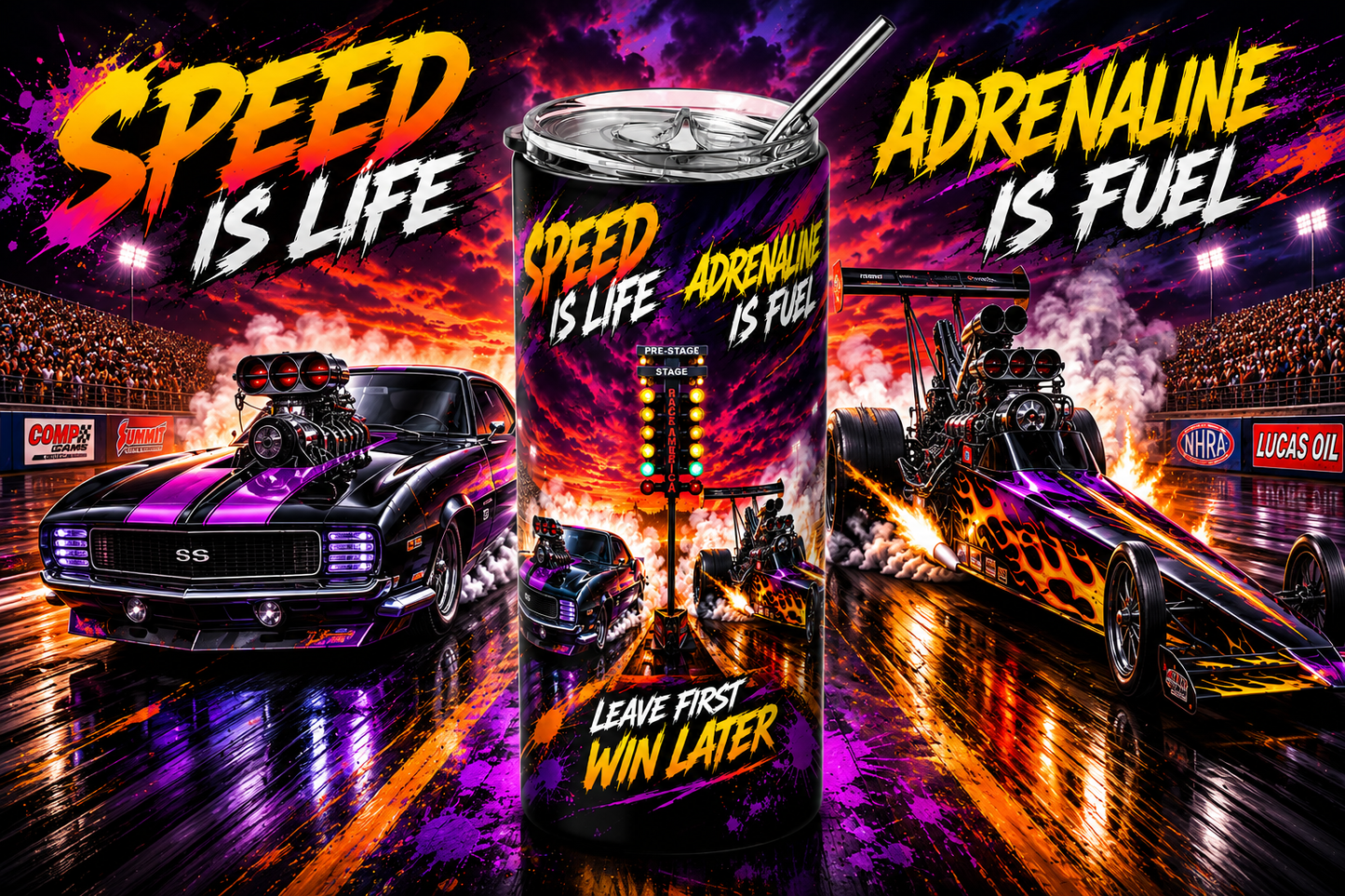 Asphalt Assault: Full-Throttle Drag Racing 20oz Skinny Tumbler