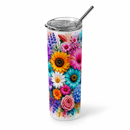 Blossom Burst: Vibrant Botanical Watercolor 20oz Skinny Tumbler