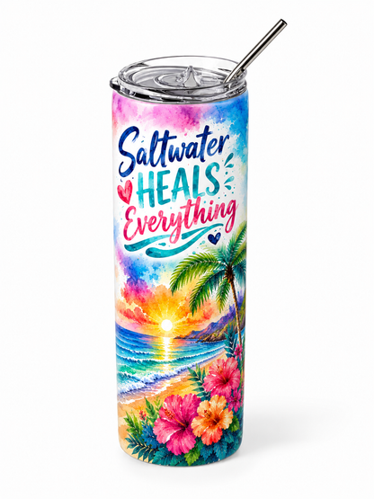 Coastal Therapy: "Saltwater Heals Everything" 20oz Skinny Tumbler