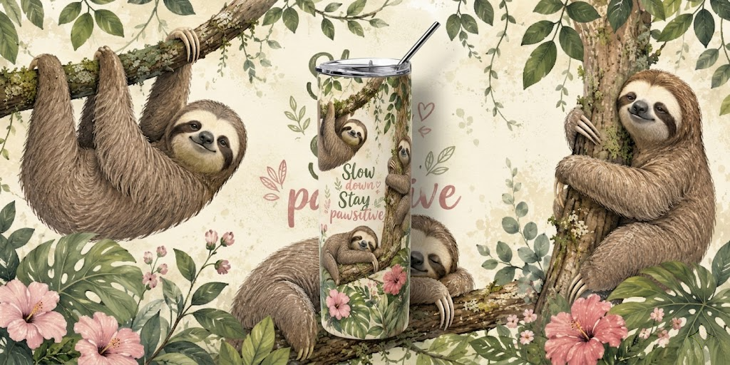 Jungle Serenity: "Stay Pawsitive" Sloth 20oz Skinny Tumbler