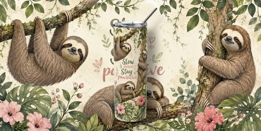 Jungle Serenity: "Stay Pawsitive" Sloth 20oz Skinny Tumbler