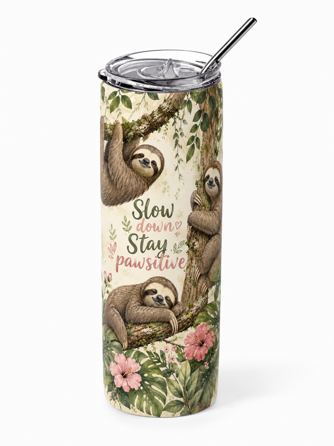 Jungle Serenity: "Stay Pawsitive" Sloth 20oz Skinny Tumbler