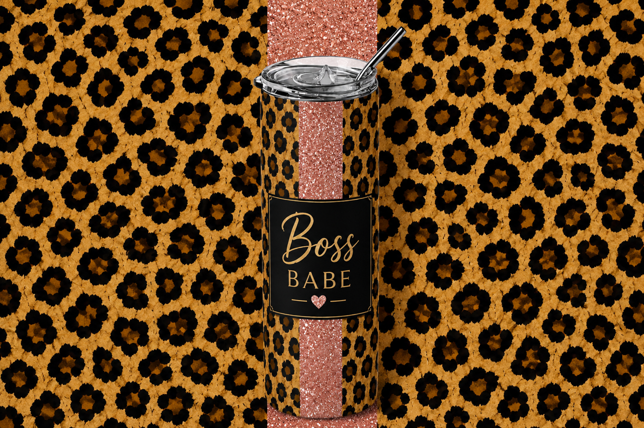"Boss Babe" Leopard & Rose Gold 20oz Skinny Tumbler design and tumbler product image - Boss Babe Leopard Gold 20oz