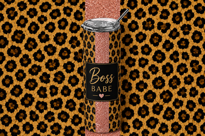 "Boss Babe" Leopard & Rose Gold 20oz Skinny Tumbler design and tumbler product image - Boss Babe Leopard Gold 20oz