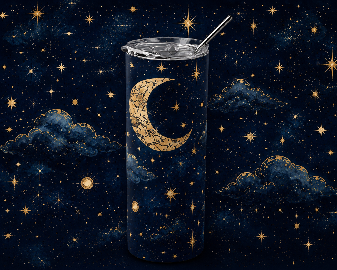 Celestial Moon & Stars 20oz Skinny Tumbler design and tumbler product image - Celestial Moon Stars 20oz Skinny