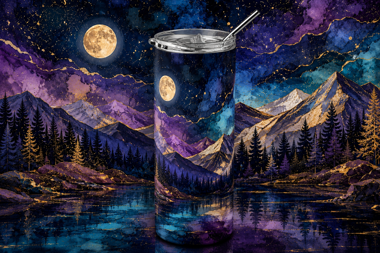 Ethereal Midnight Mountain Lake 20oz Skinny Tumbler design and tumbler product image