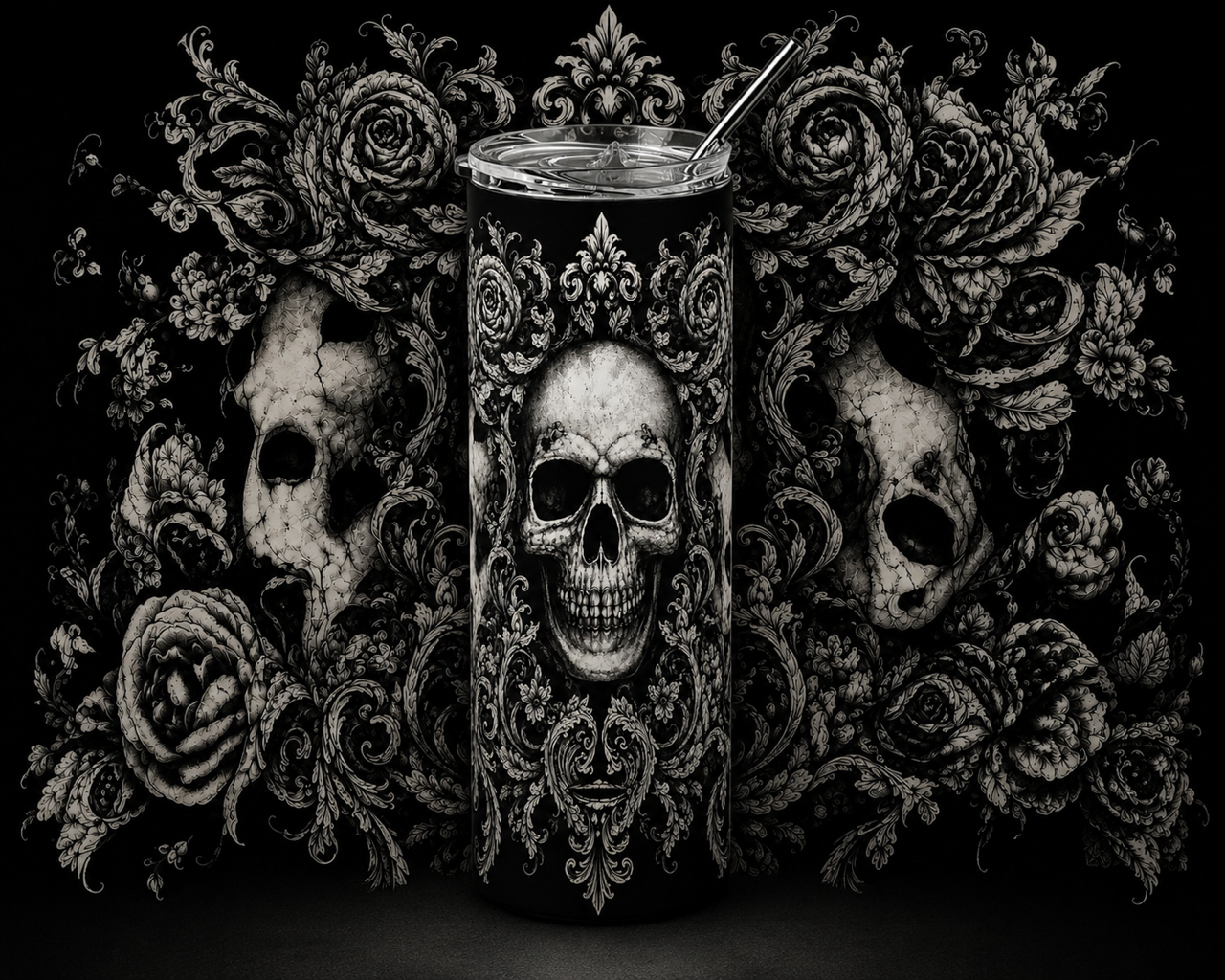 Gothic Floral Skull 20oz Skinny Tumbler design and tumbler product image