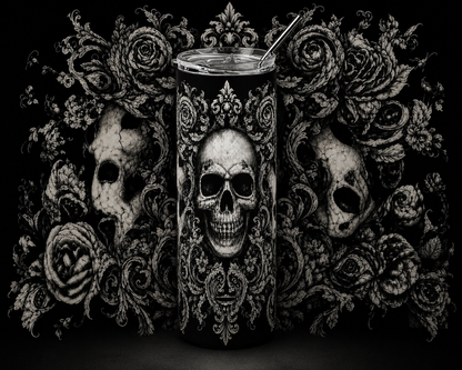 Gothic Floral Skull 20oz Skinny Tumbler design and tumbler product image