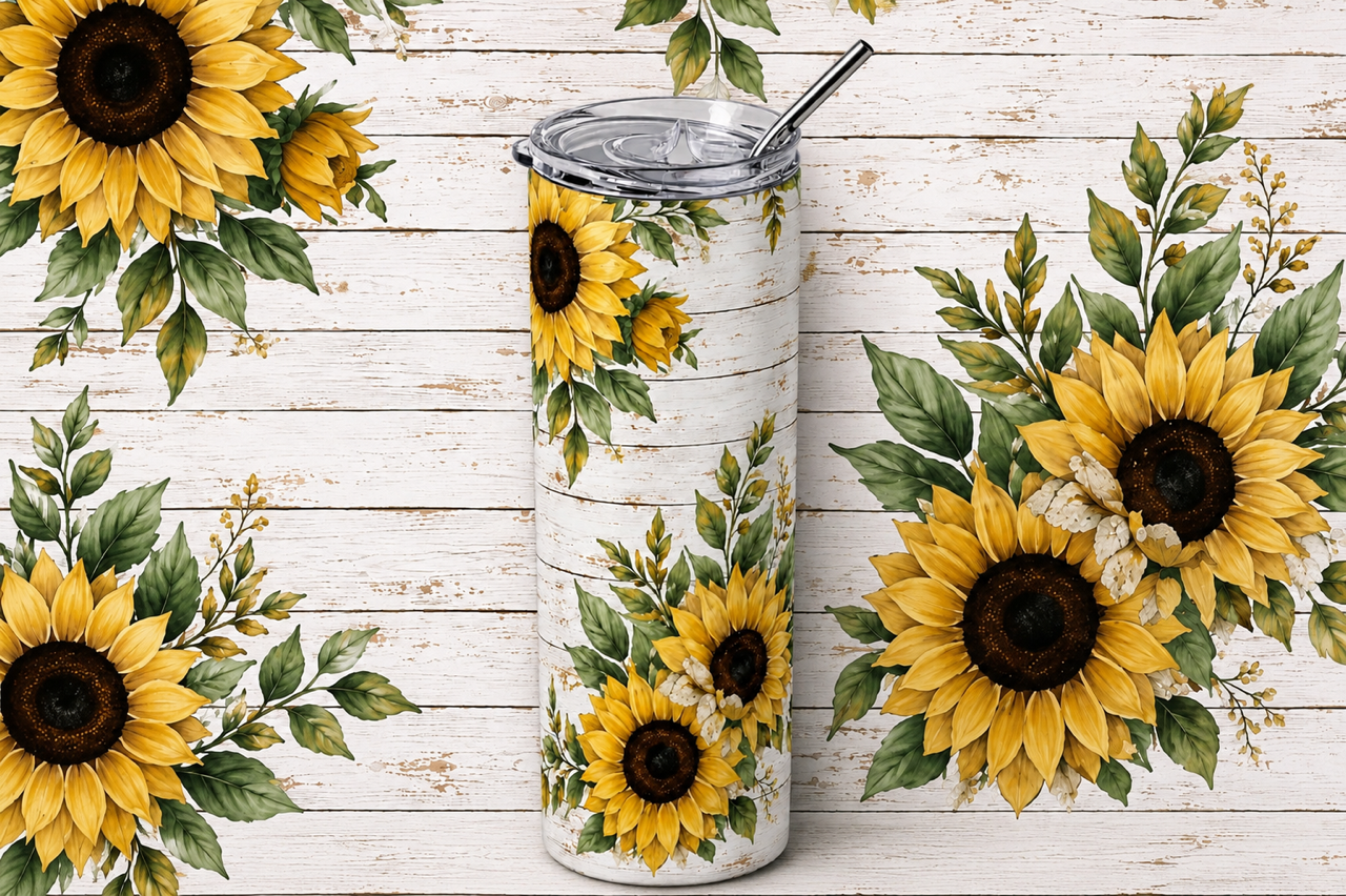 Rustic Sunflower & White Wood 20oz Skinny Tumbler white shirt mockup - Rustic Sunflower Wood 20oz Skinny