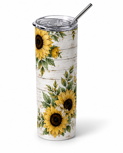 Rustic Sunflower & White Wood 20oz Skinny Tumbler white shirt mockup - Rustic Sunflower Wood 20oz Skinny