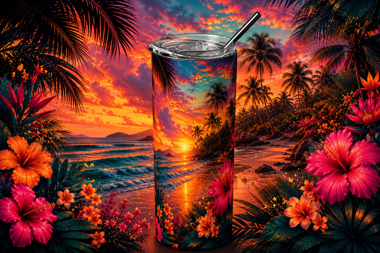 Tropical Hibiscus Sunset 20oz Skinny Tumbler design and tumbler product image