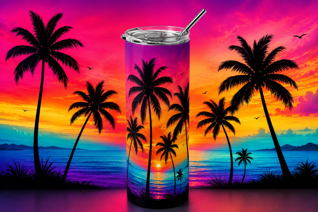 Tropical Sunset Paradise 20oz Skinny Tumbler design and tumbler product image
