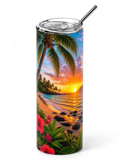 Paradise Found: Tropical Beach Sunset 20oz Skinny Tumbler